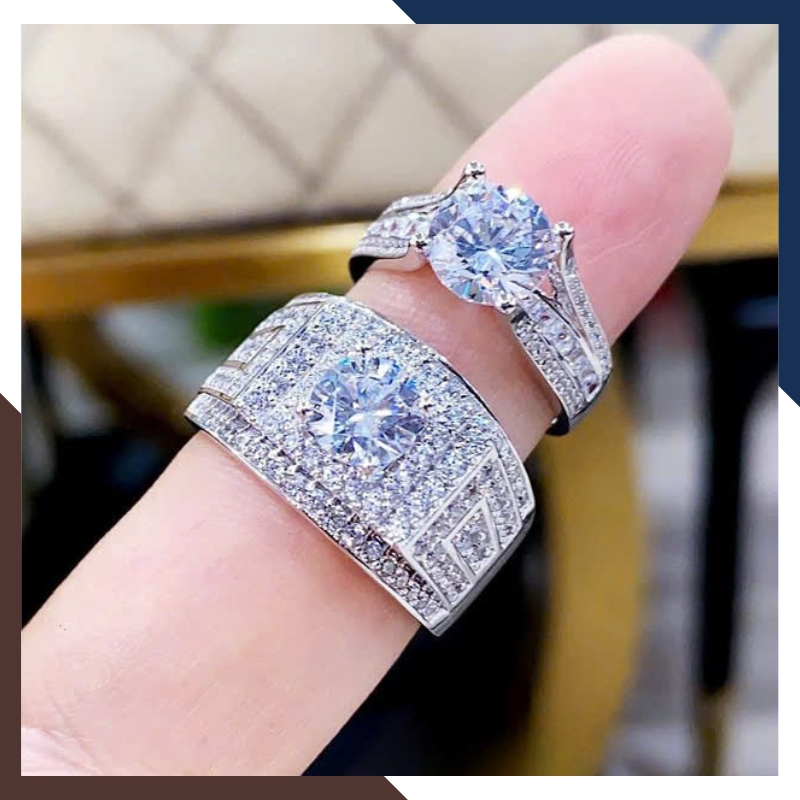 Nhẫn Cưới Vàng Trắng 10k Bản To Đính Đá CZ Đẹp NVCD158