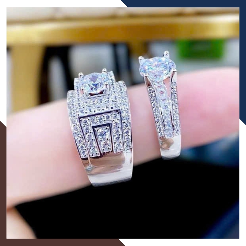 Nhẫn Cưới Vàng Trắng 10k Bản To Đính Đá CZ Đẹp NVCD158