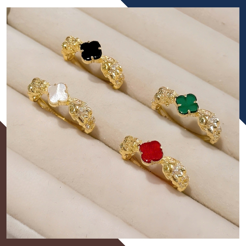 Nhẫn Phong Thủy Vàng Nữ 10K NVNU445 – Tỳ Hưu – Hồ Ly – Cỏ 4 Lá Chiêu Tài & Nhân Duyên