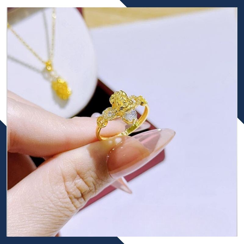 Nhẫn tỳ hưu vàng tây 10k phong thủy cho nữ, nhẫn kim tiền tỳ hưu ngậm ngọc mã D80TL47