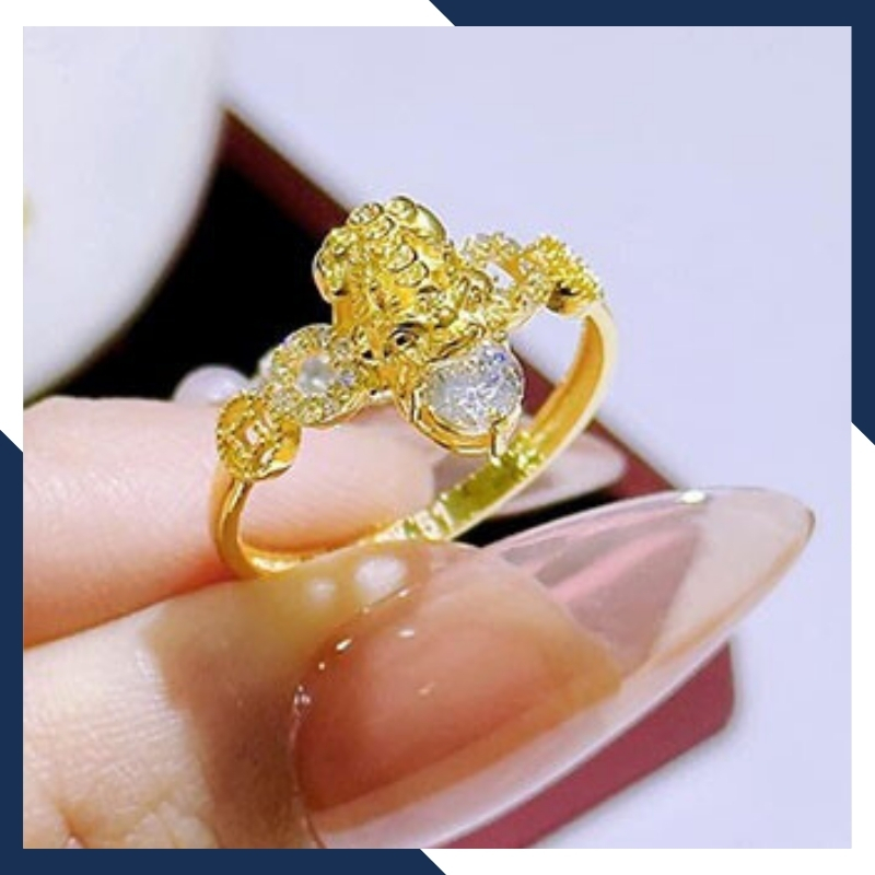 Nhẫn tỳ hưu vàng tây 10k phong thủy cho nữ, nhẫn kim tiền tỳ hưu ngậm ngọc mã D80TL47