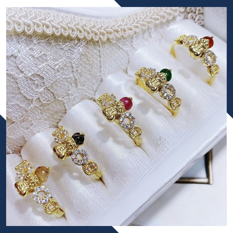 Nhẫn tỳ hưu vàng tây 10k phong thủy cho nữ, nhẫn kim tiền tỳ hưu ngậm ngọc mã D80TL47