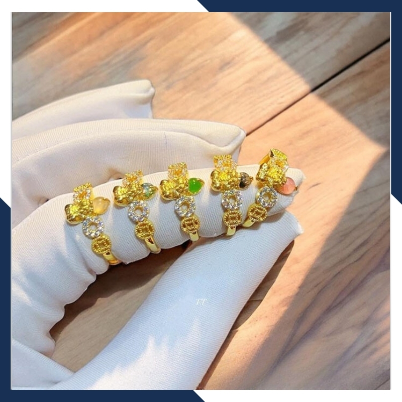 Nhẫn tỳ hưu vàng tây 10k phong thủy cho nữ, nhẫn kim tiền tỳ hưu ngậm ngọc mã D80TL47