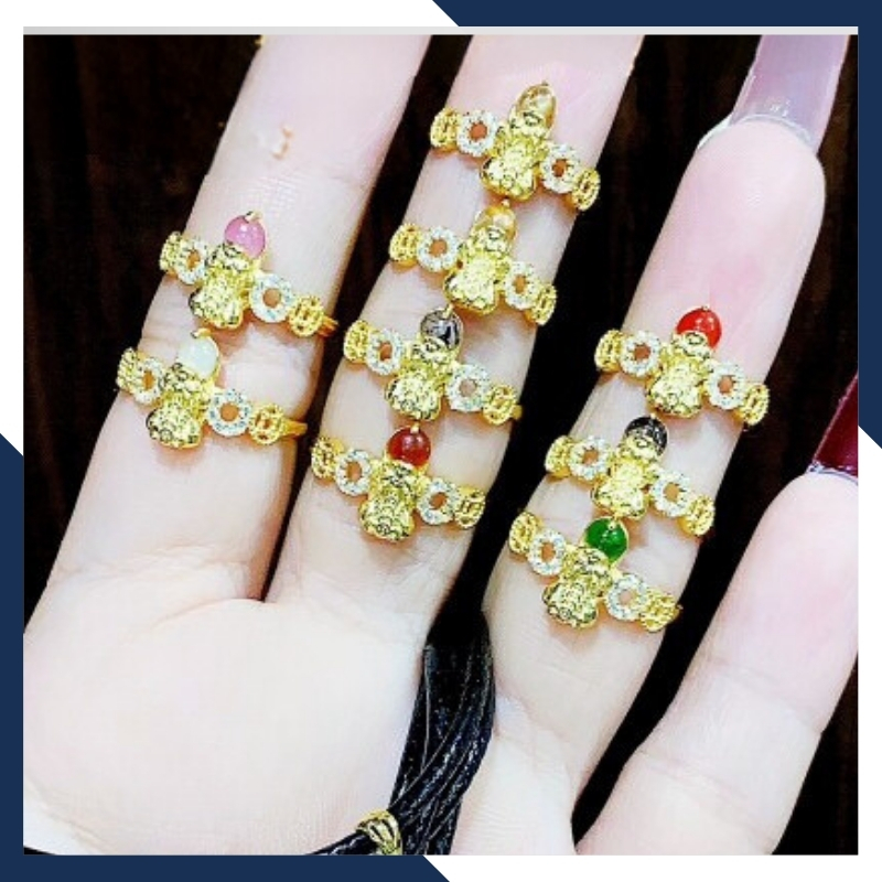 Nhẫn tỳ hưu vàng tây 10k phong thủy cho nữ, nhẫn kim tiền tỳ hưu ngậm ngọc mã D80TL47