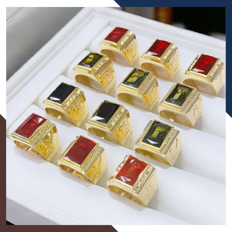 Nhẫn vàng nam 1 chỉ  đẹp, nhẫn nam vàng tây 10k mặt vuông đính hột đá xanh đỏ đen vàng mã TL164