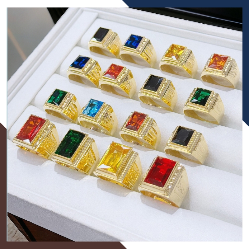 Nhẫn vàng nam 1 chỉ  đẹp, nhẫn nam vàng tây 10k mặt vuông đính hột đá xanh đỏ đen vàng mã TL164
