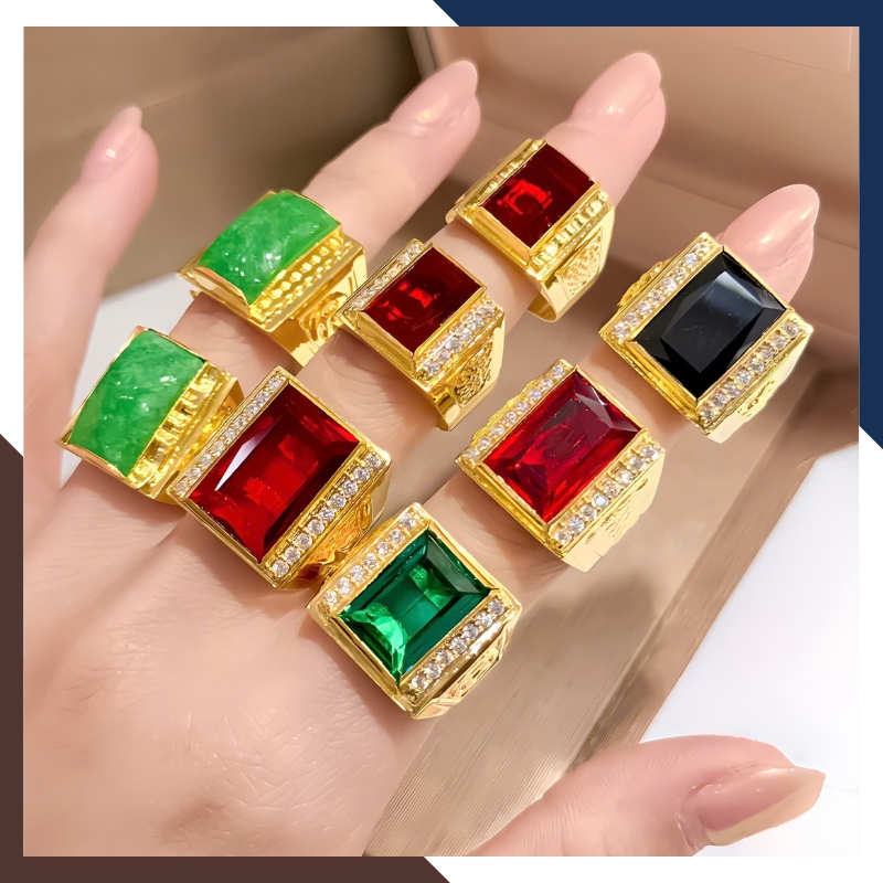 Nhẫn Vàng Tây Nam 10k Đính Đá Phong Thuỷ Màu Xanh/ Đỏ/ Đen/ Vàng NVNA85