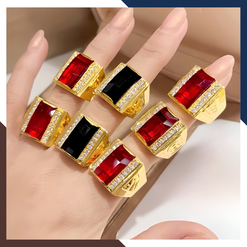 Nhẫn Vàng Tây Nam 10k Đính Đá Phong Thuỷ Màu Xanh/ Đỏ/ Đen/ Vàng NVNA85