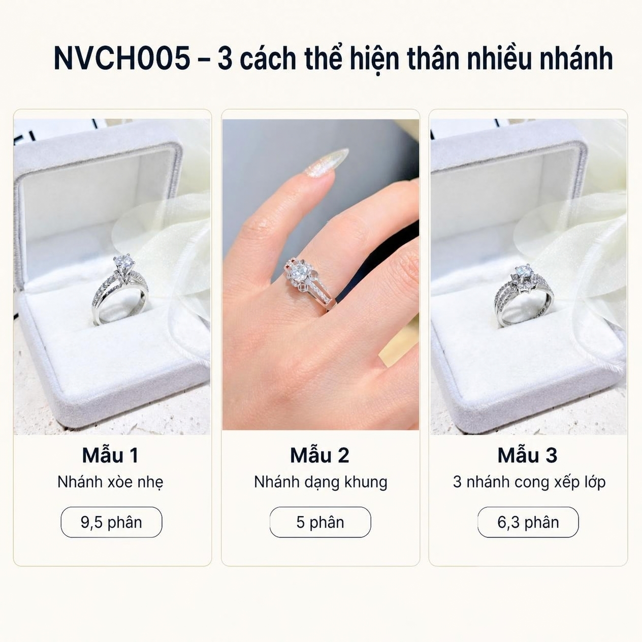 Nhẫn Cầu Hôn Vàng Trắng 10K NVCH005 – Thân Nhiều Nhánh, 3 Mẫu Thiết Kế