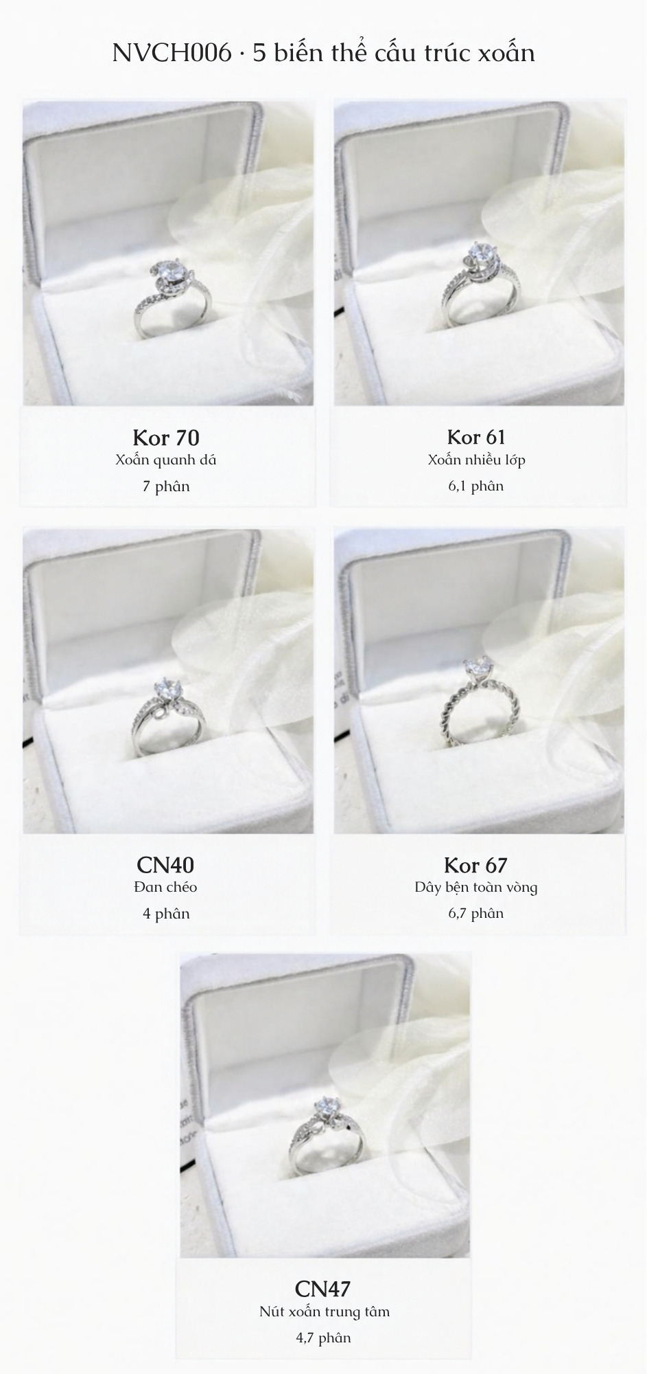 Nhẫn Cầu Hôn Vàng Trắng 10K NVCH006 – Thân Xoắn, 5 Mẫu Thiết Kế