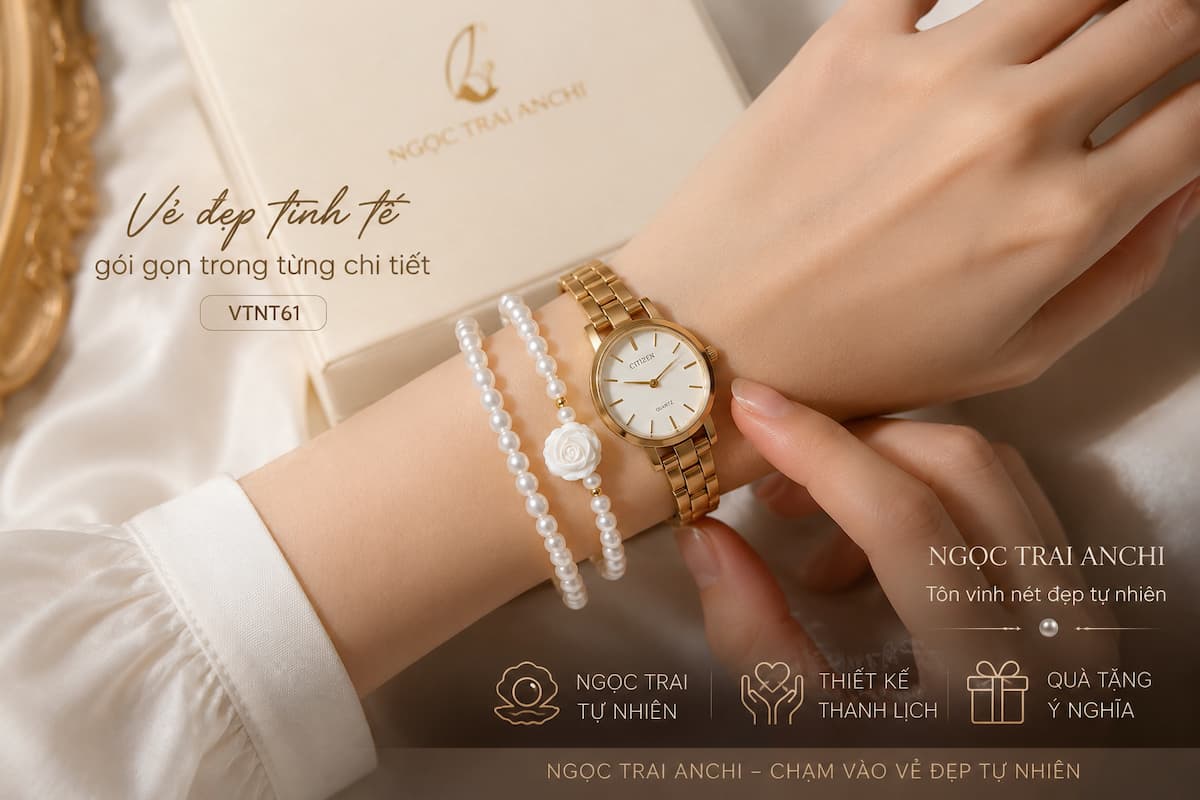 Vòng Tay Ngọc Trai Đeo Quấn 2 Vòng Phối Charm Hoa Hồng Khảm Trai VTNT61 – Thanh Lịch, Nữ Tính
