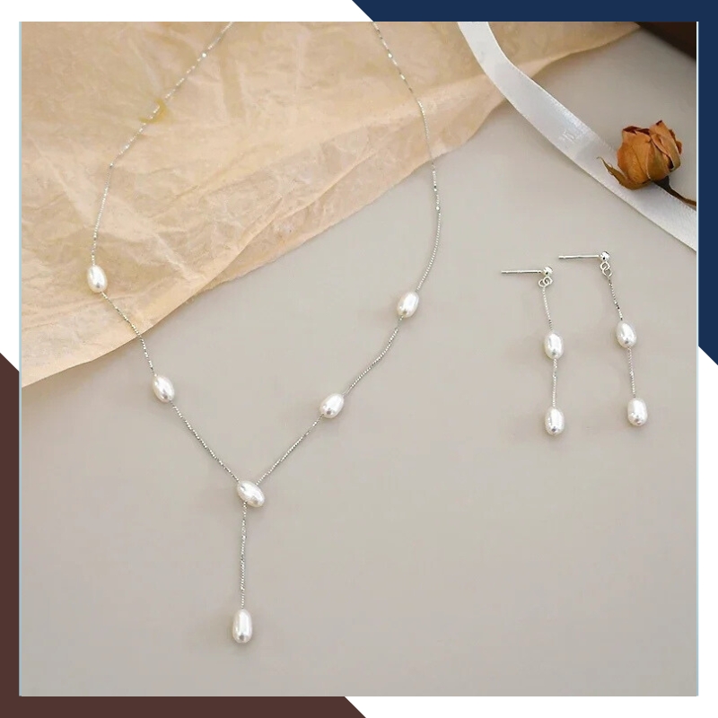 Sét ngọc trai gồm dây chuyền và bông tai bằng bạc cho nữ đẹp mã 56AC300