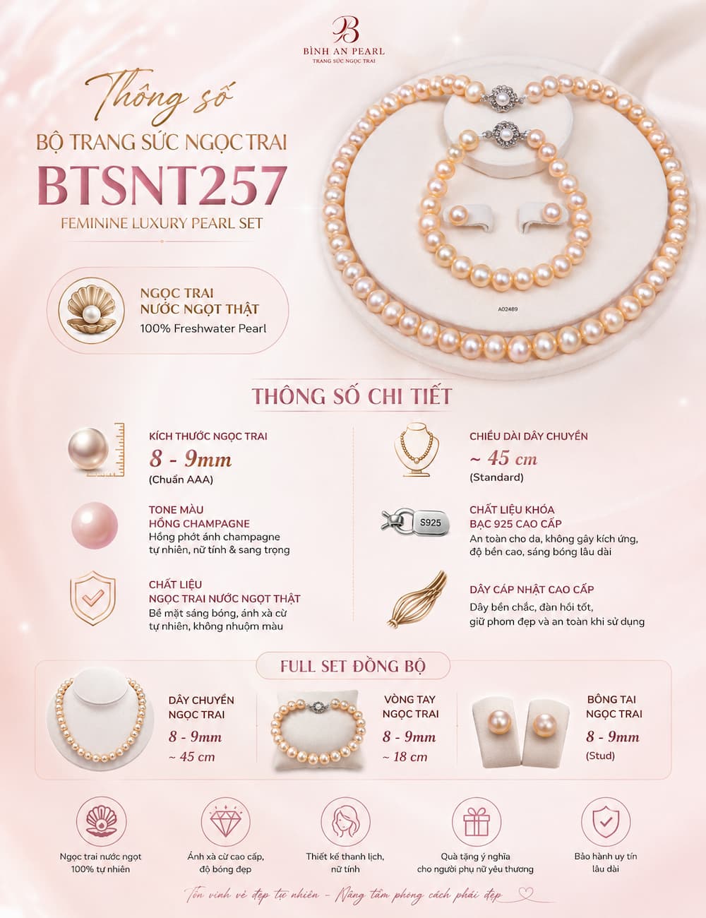Bộ Trang Sức Ngọc Trai Màu Hồng BTSNT257 – Set Pearl Feminine Luxury Sang Trọng, Nữ Tính Và Dễ Ứng Dụng