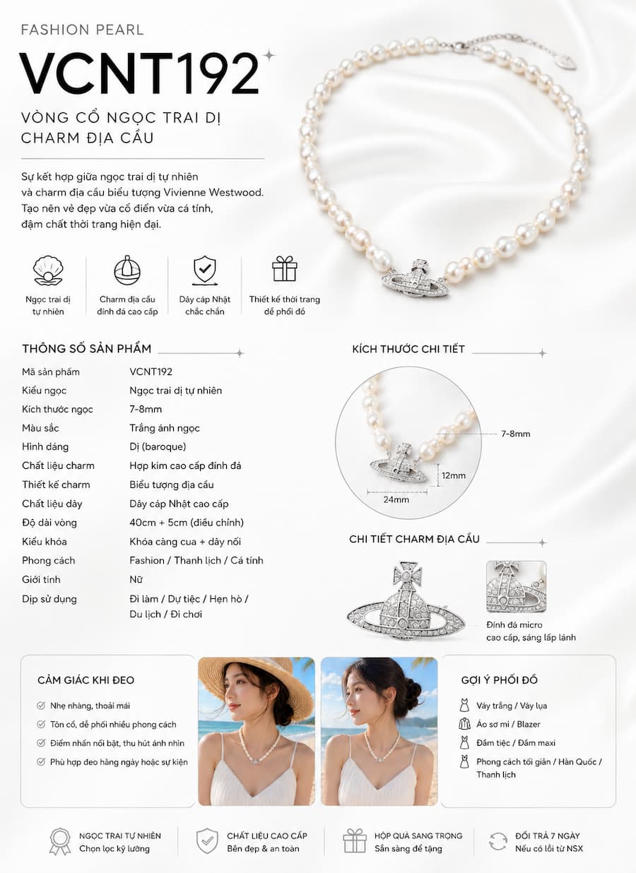 Vòng Cổ Ngọc Trai Dị VCNT192 – Fashion Pearl Hiện Đại & Mặt Địa Cầu Cá Tính