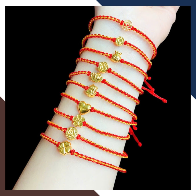 VCHV109 – Vòng Chỉ Đỏ Charm Vàng 10K Dây Rút Tết Thủ Công