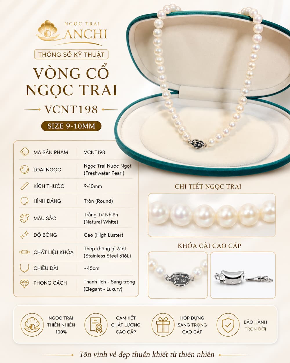 Vòng Cổ Ngọc Trai VCNT198 – Chuỗi Ngọc Trai Trắng 9–10mm Cao Cấp Classic Pearl Strand