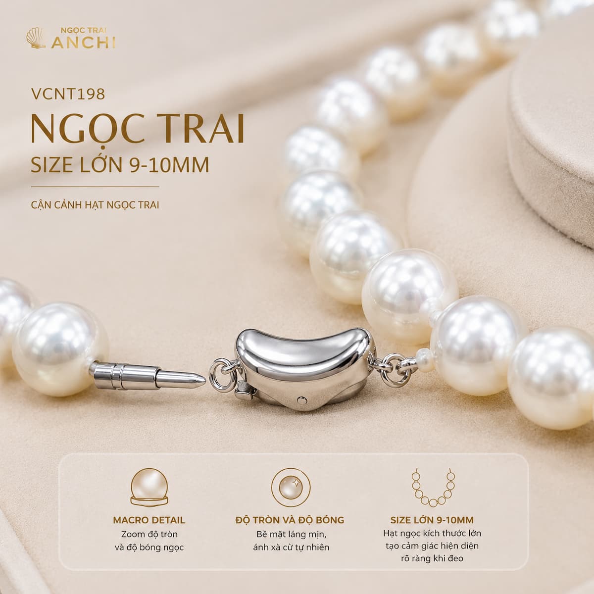 Vòng Cổ Ngọc Trai VCNT198 – Chuỗi Ngọc Trai Trắng 9–10mm Cao Cấp Classic Pearl Strand