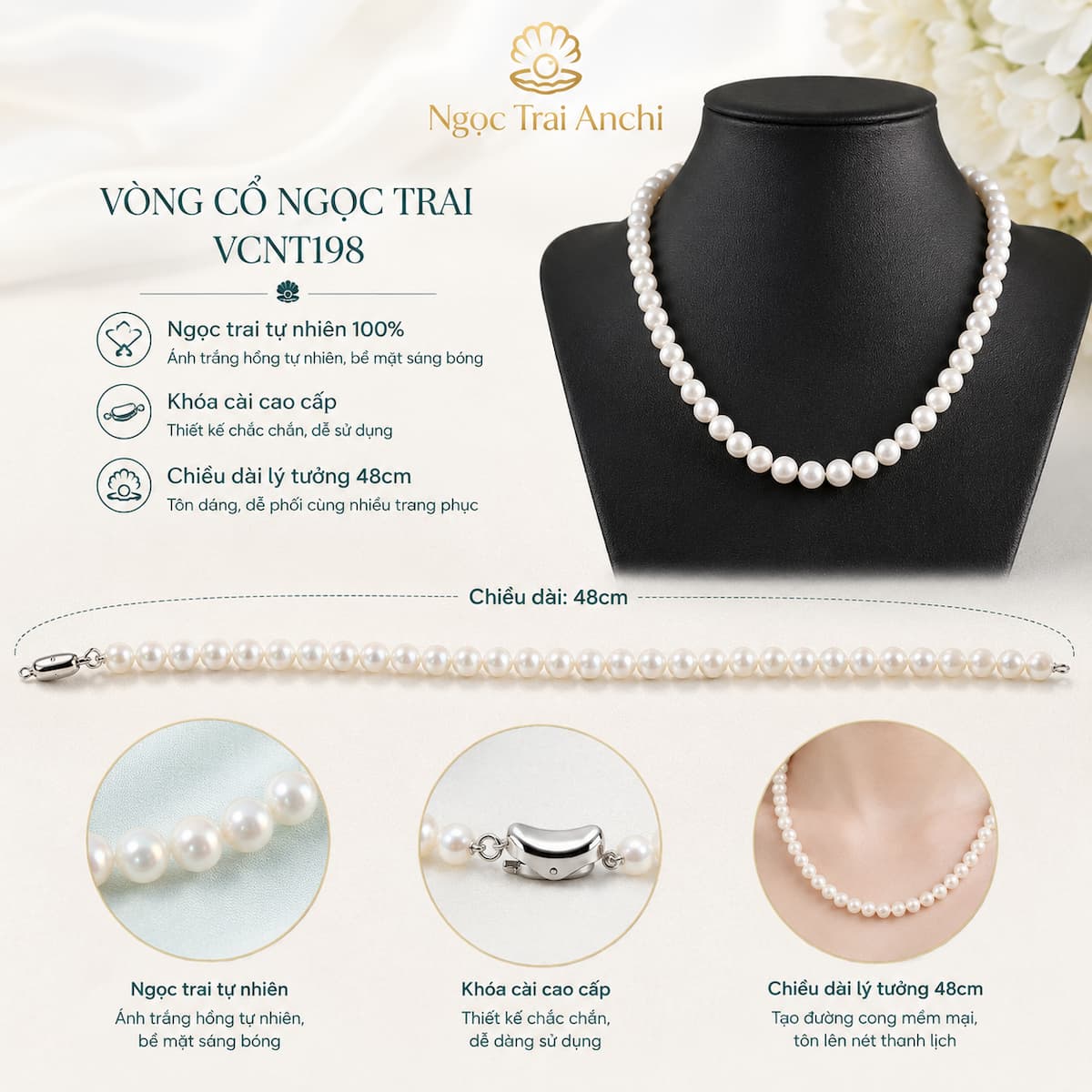 Vòng Cổ Ngọc Trai VCNT198 – Chuỗi Ngọc Trai Trắng 9–10mm Cao Cấp Classic Pearl Strand