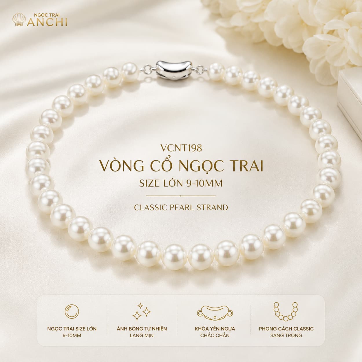 Vòng Cổ Ngọc Trai VCNT198 – Chuỗi Ngọc Trai Trắng 9–10mm Cao Cấp Classic Pearl Strand
