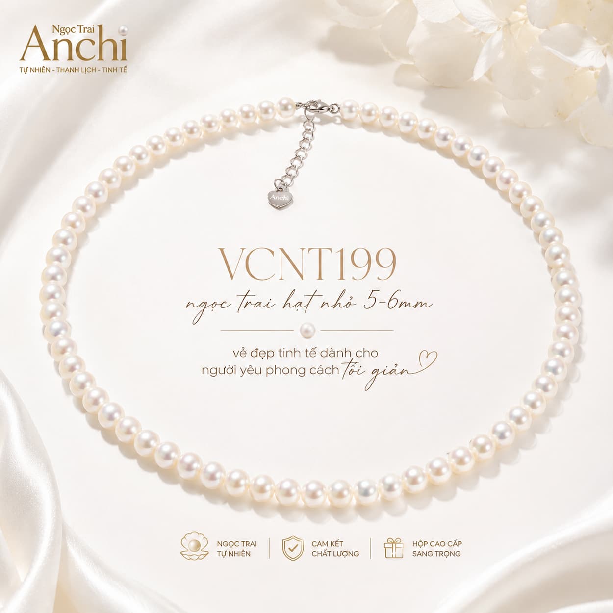 Vòng Cổ Ngọc Trai VCNT200 – Ngọc Trai Trắng Tự Nhiên Khóa Hoa Nữ Tính