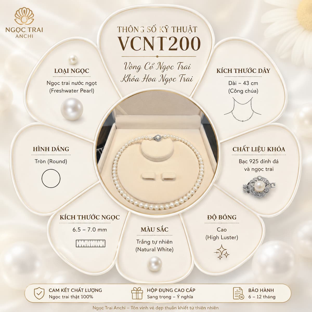 Vòng Cổ Ngọc Trai VCNT200 – Ngọc Trai Trắng Tự Nhiên Khóa Hoa Nữ Tính