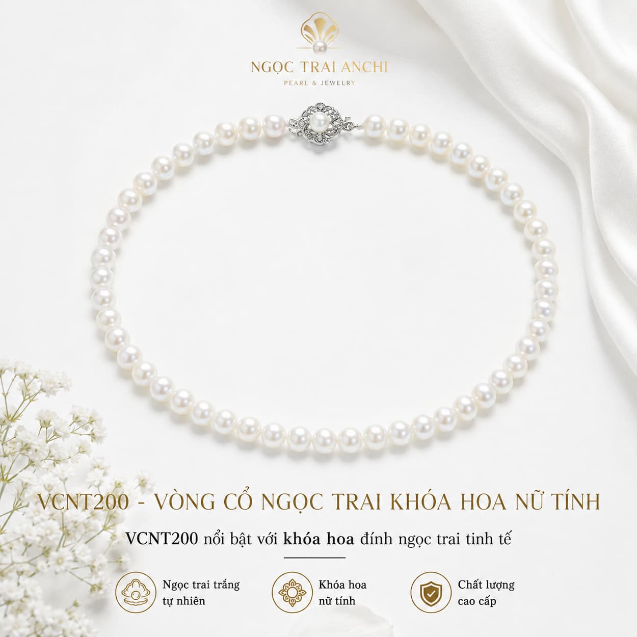 Vòng Cổ Ngọc Trai VCNT200 – Ngọc Trai Trắng Tự Nhiên Khóa Hoa Nữ Tính