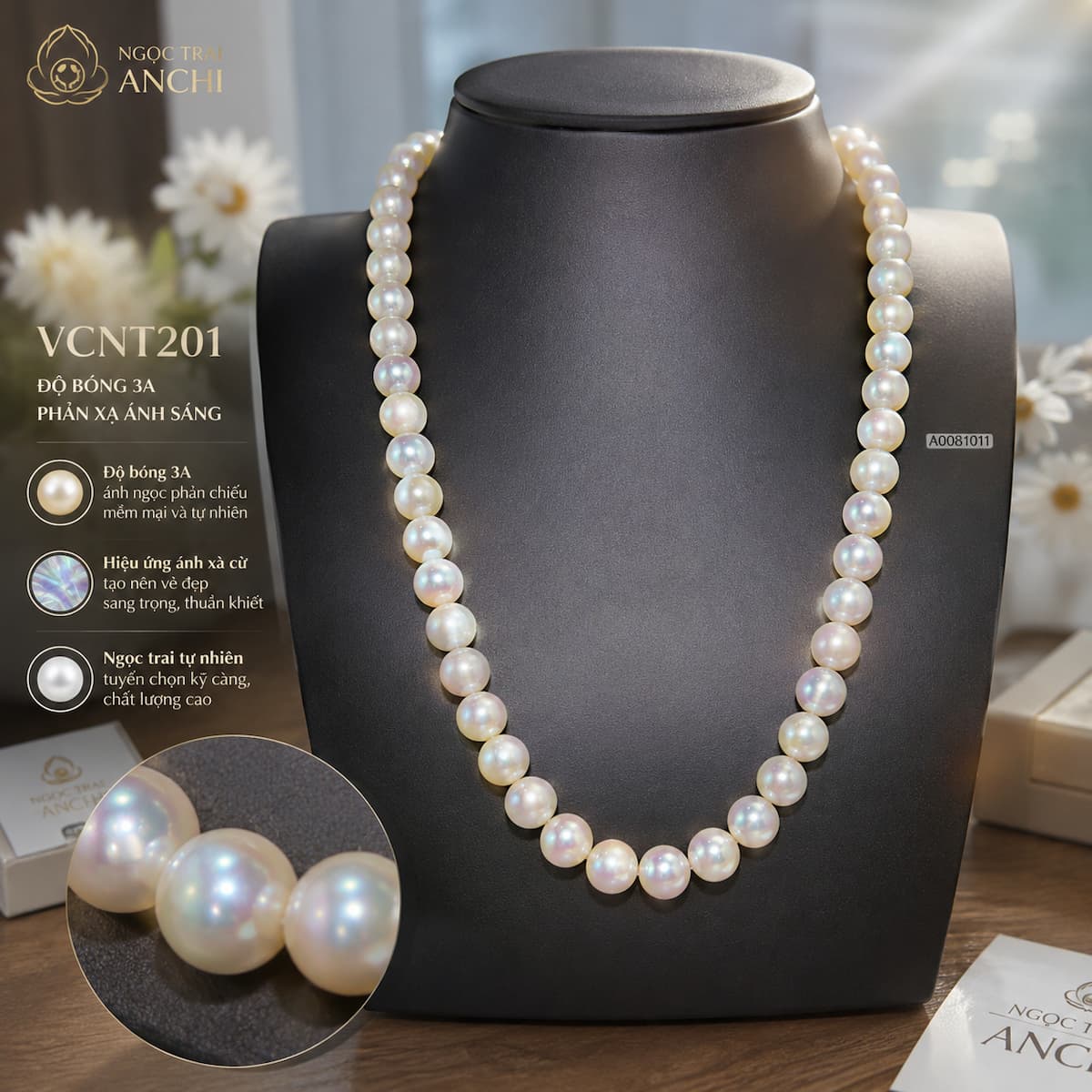 Vòng Cổ Ngọc Trai VCNT201 – Ngọc Trai Trắng Tự Nhiên 10–11mm Khóa Hoa Mai Sang Trọng