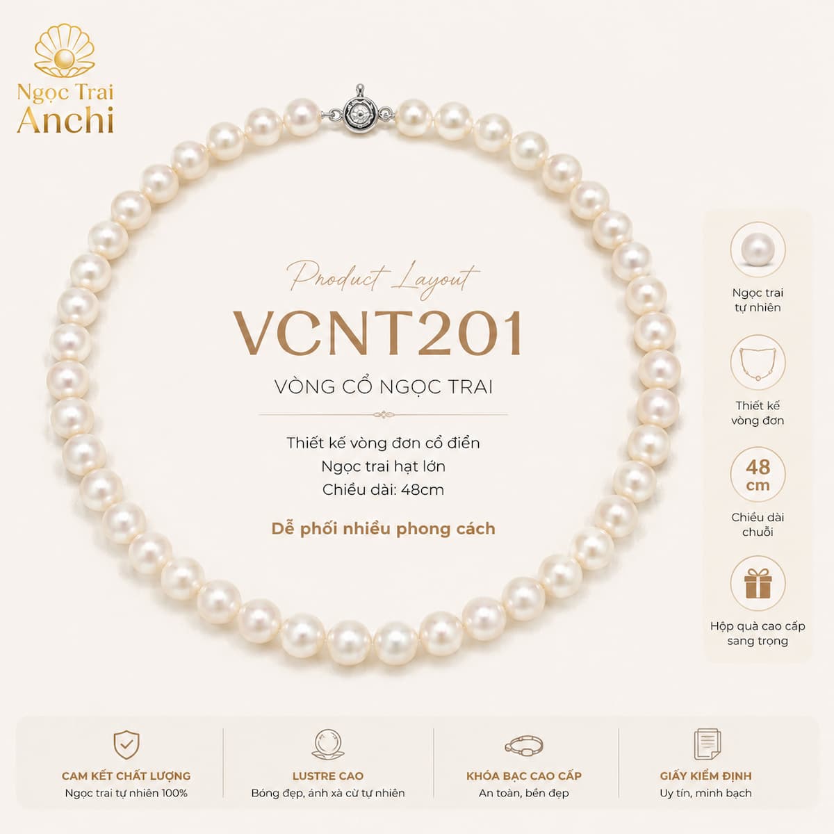 Vòng Cổ Ngọc Trai VCNT201 – Ngọc Trai Trắng Tự Nhiên 10–11mm Khóa Hoa Mai Sang Trọng