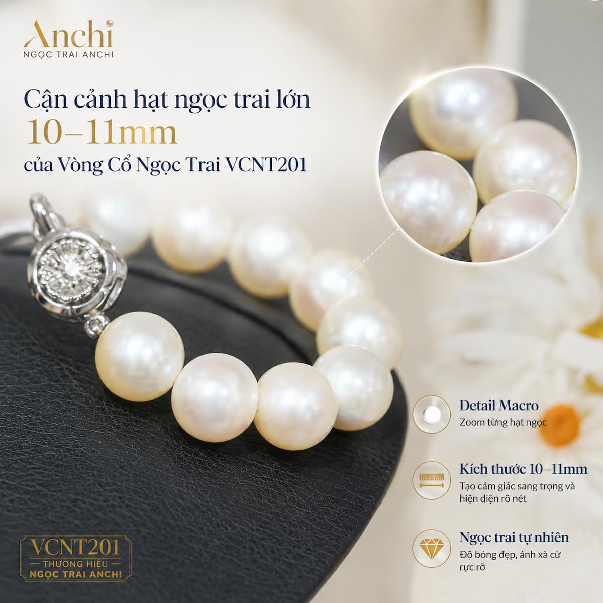 Vòng Cổ Ngọc Trai VCNT201 – Ngọc Trai Trắng Tự Nhiên 10–11mm Khóa Hoa Mai Sang Trọng