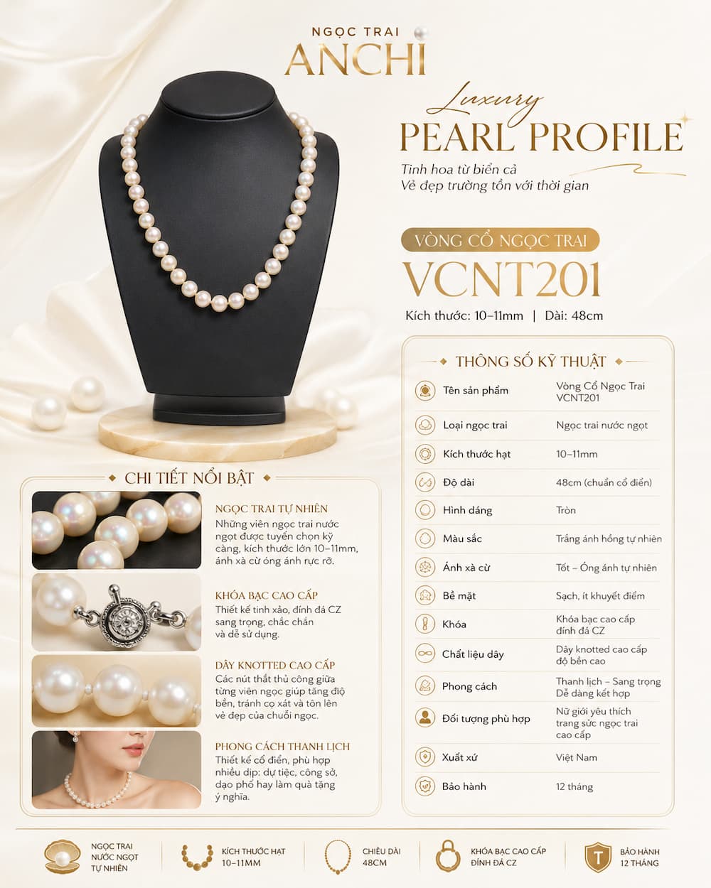 Vòng Cổ Ngọc Trai VCNT201 – Ngọc Trai Trắng Tự Nhiên 10–11mm Khóa Hoa Mai Sang Trọng