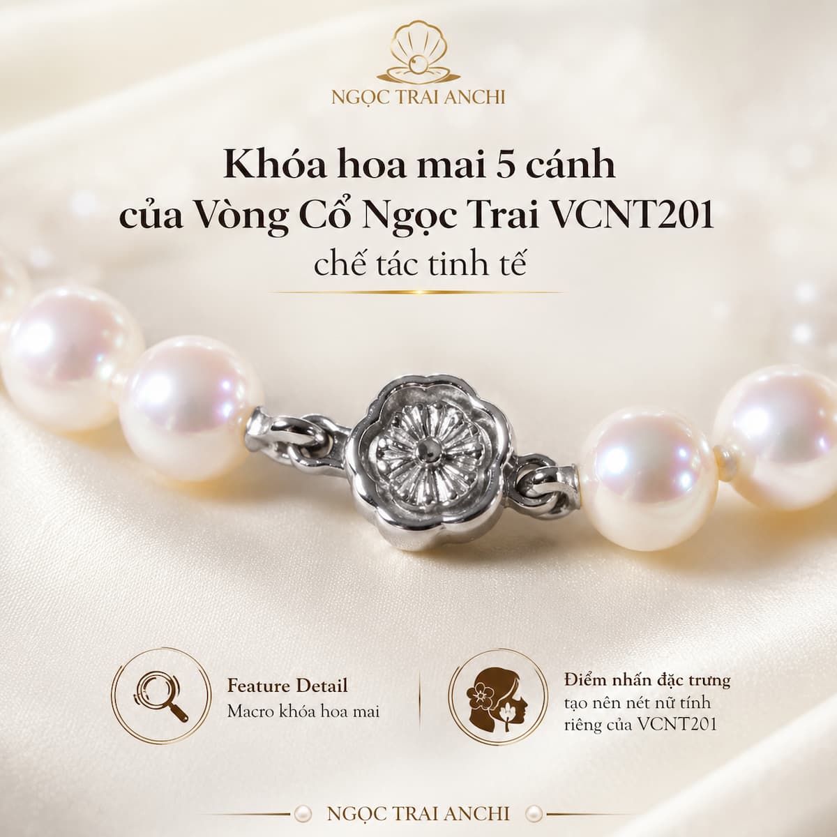 Vòng Cổ Ngọc Trai VCNT201 – Ngọc Trai Trắng Tự Nhiên 10–11mm Khóa Hoa Mai Sang Trọng