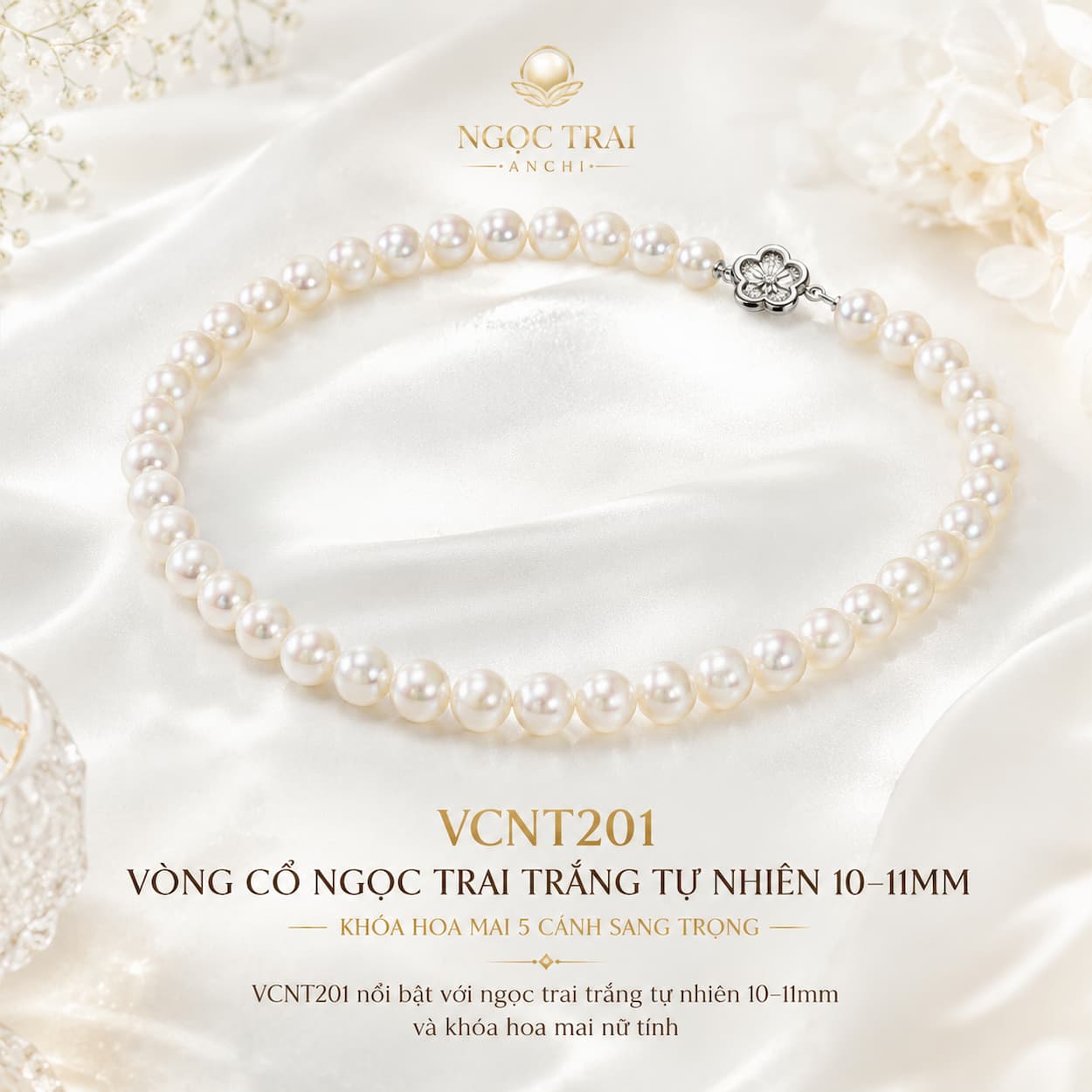 Vòng Cổ Ngọc Trai VCNT201 – Ngọc Trai Trắng Tự Nhiên 10–11mm Khóa Hoa Mai Sang Trọng