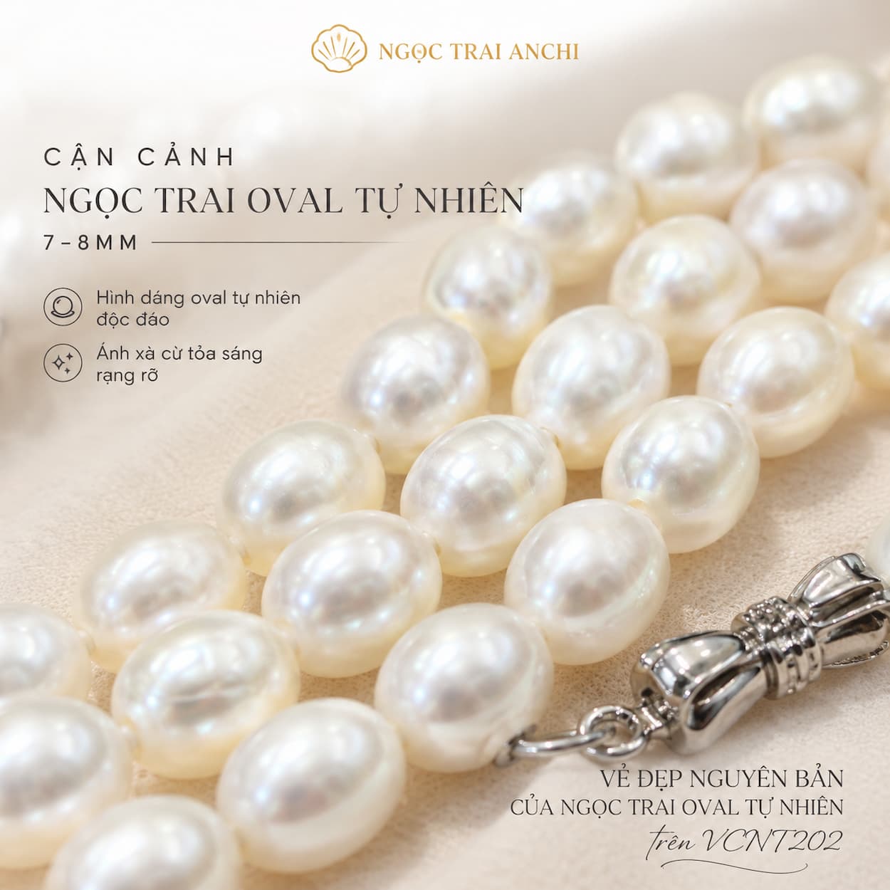 Vòng Cổ Ngọc Trai VCNT202 – Ngọc Trai Oval Tự Nhiên 7–8mm Thanh Lịch, Dễ Đeo Hằng Ngày