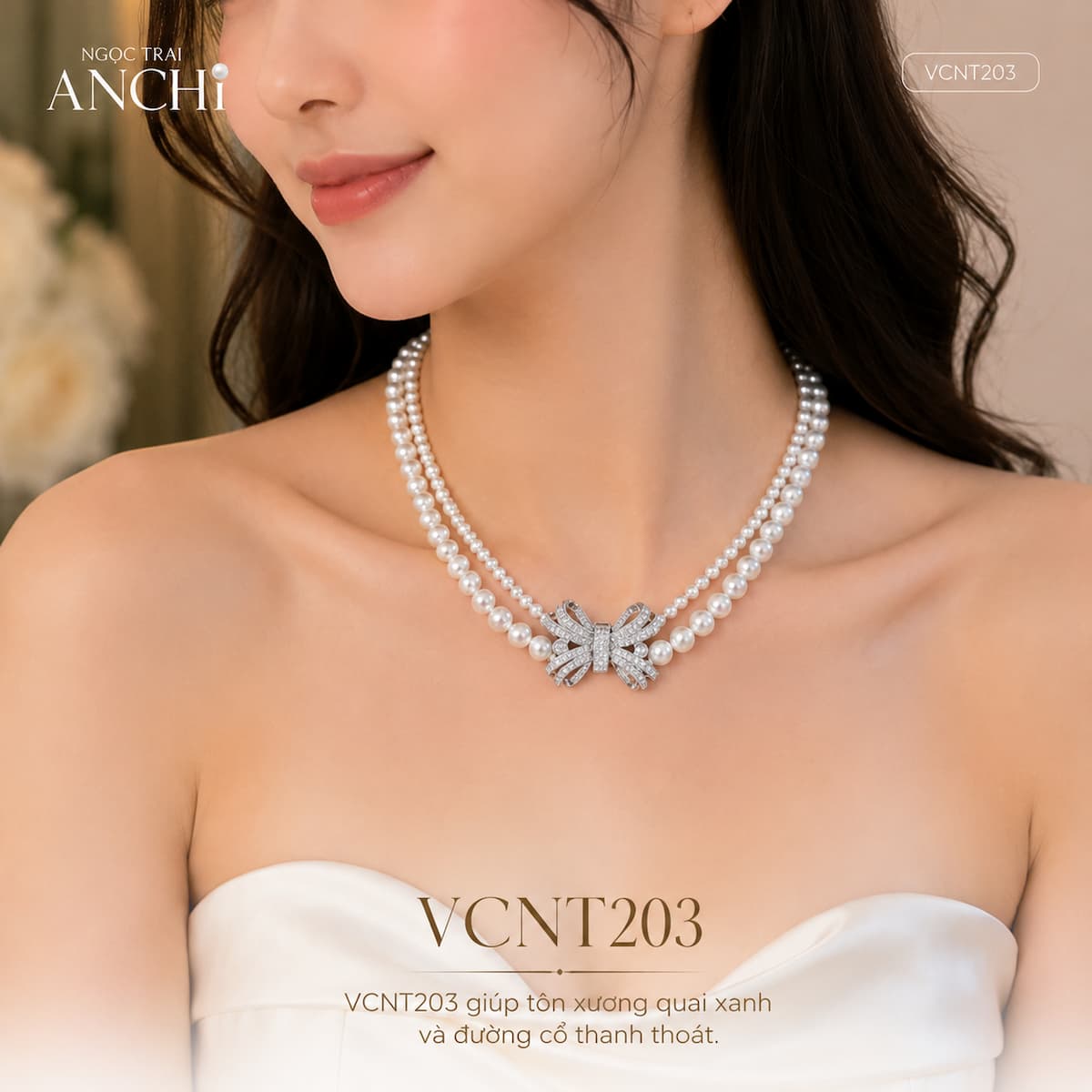 Vòng Cổ Choker Ngọc Trai Đôi VCNT203 – Choker Ngọc Trai Hai Tầng Khóa Nơ Nữ Tính Hiện Đại
