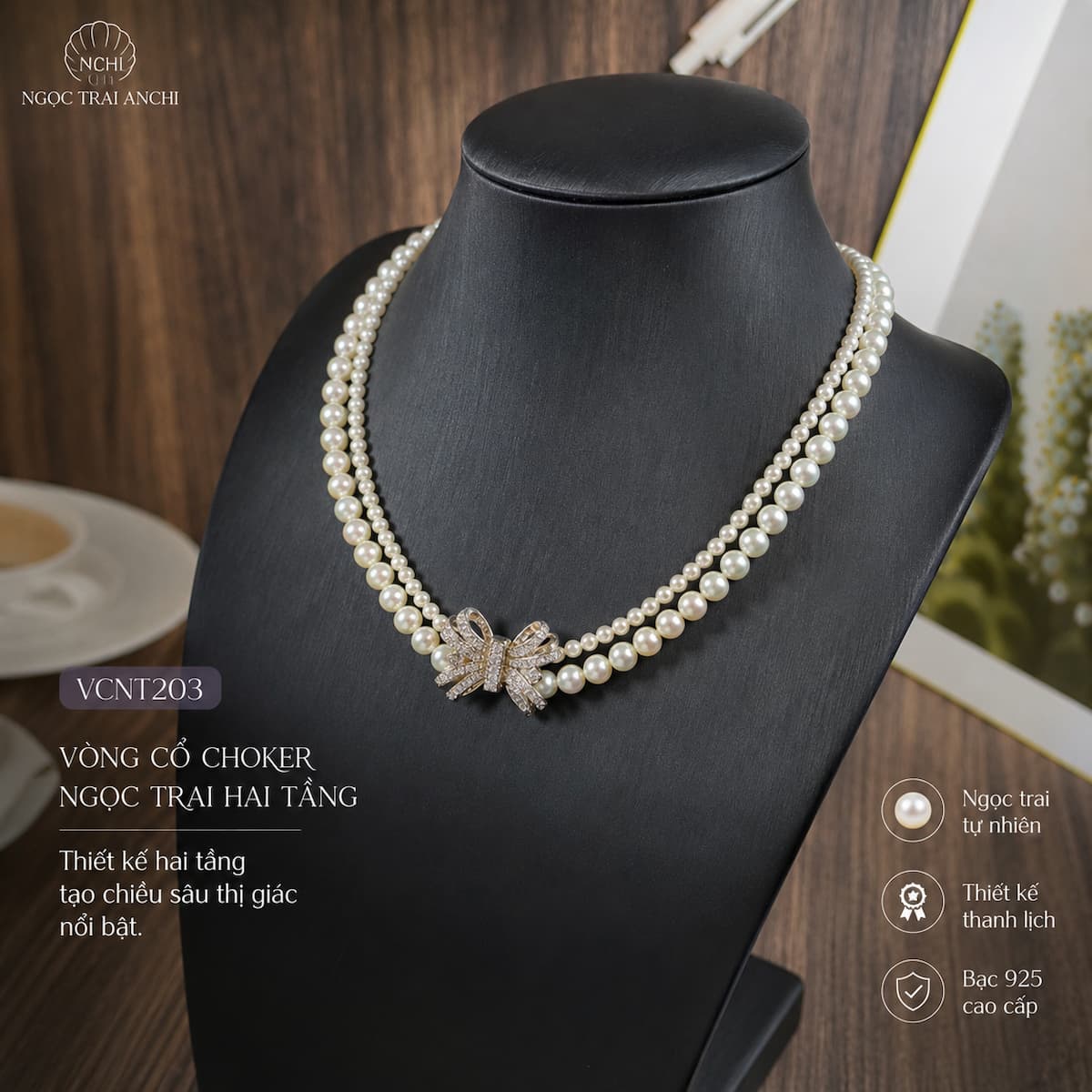 Vòng Cổ Choker Ngọc Trai Đôi VCNT203 – Choker Ngọc Trai Hai Tầng Khóa Nơ Nữ Tính Hiện Đại