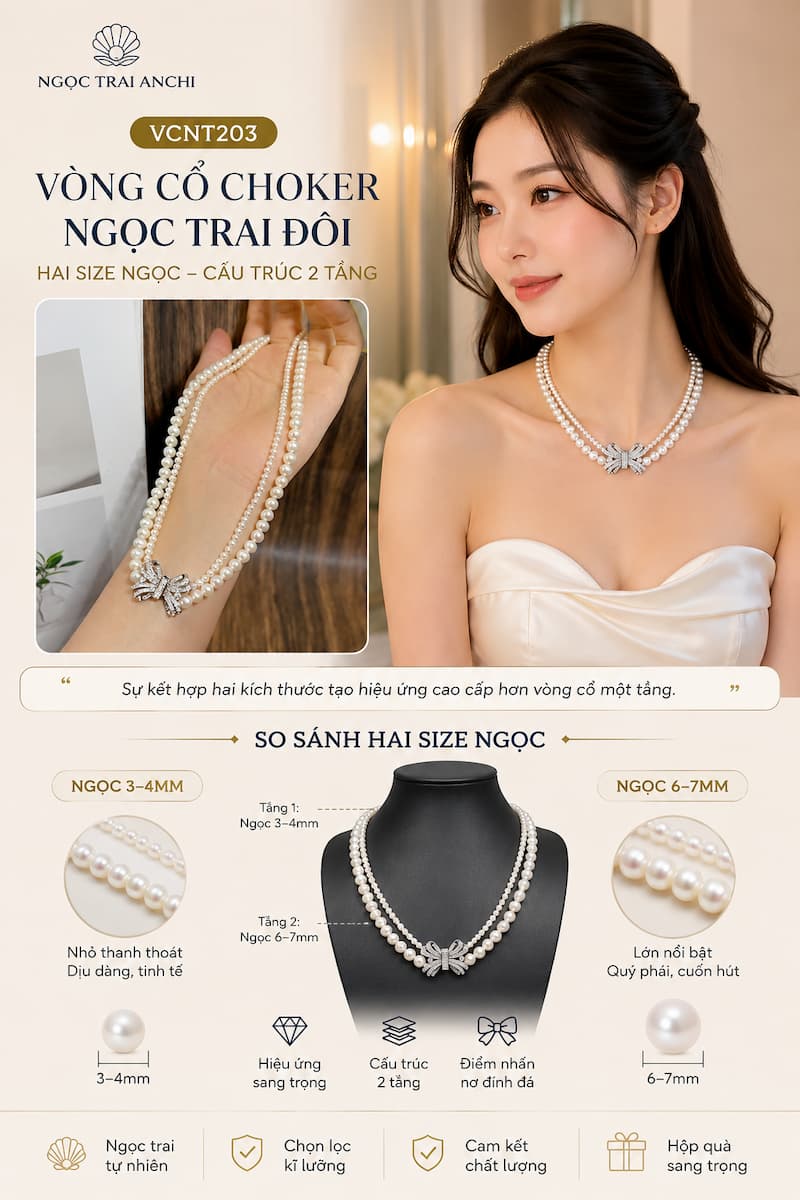 Vòng Cổ Choker Ngọc Trai Đôi VCNT203 – Choker Ngọc Trai Hai Tầng Khóa Nơ Nữ Tính Hiện Đại