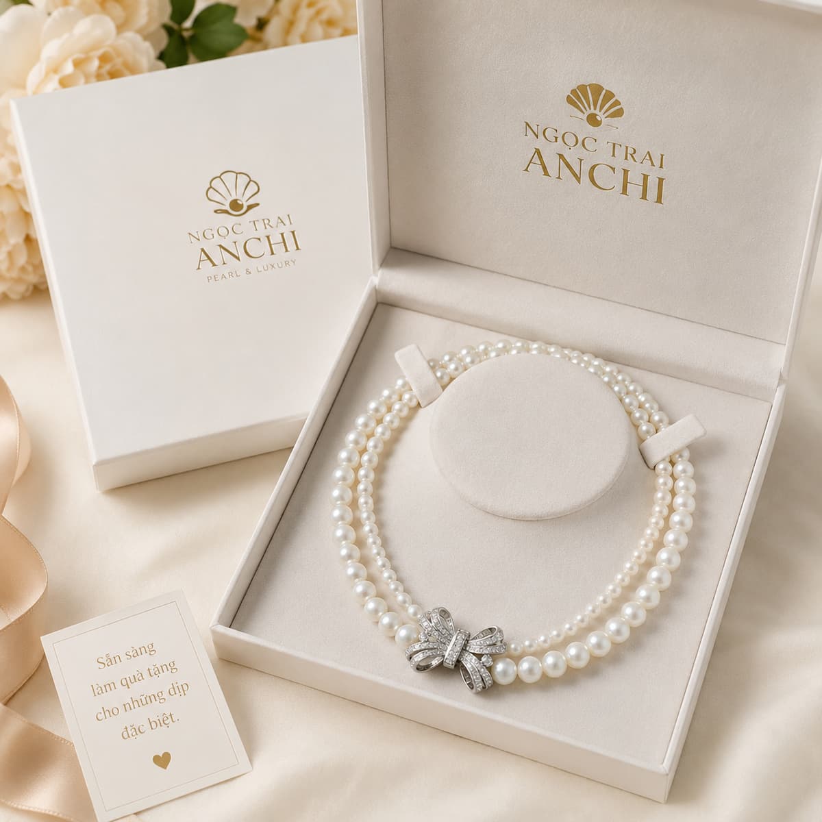 Vòng Cổ Choker Ngọc Trai Đôi VCNT203 – Choker Ngọc Trai Hai Tầng Khóa Nơ Nữ Tính Hiện Đại