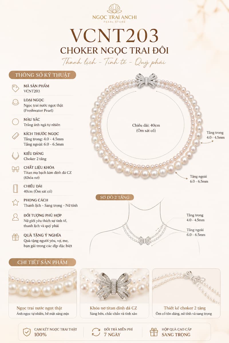 Vòng Cổ Choker Ngọc Trai Đôi VCNT203 – Choker Ngọc Trai Hai Tầng Khóa Nơ Nữ Tính Hiện Đại
