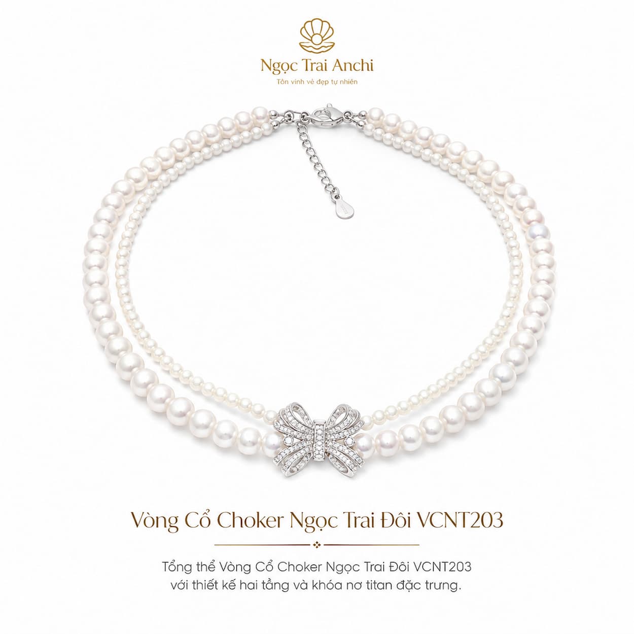 Vòng Cổ Choker Ngọc Trai Đôi VCNT203 – Choker Ngọc Trai Hai Tầng Khóa Nơ Nữ Tính Hiện Đại