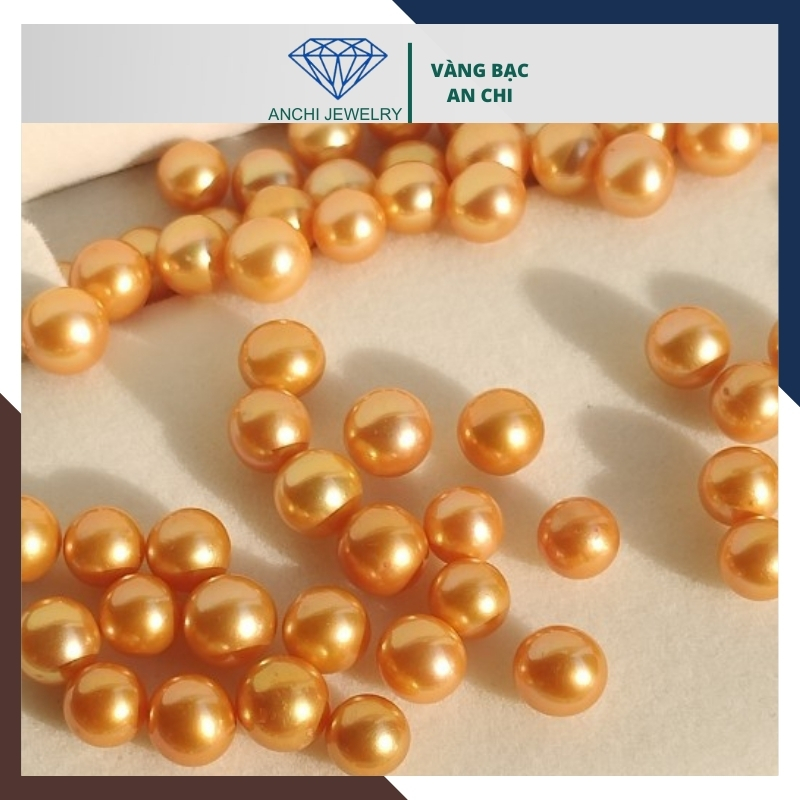 Viên ngọc trai thật màu vàng nuôi nước ngọt tự nhiên 7mm - 8mm tròn xoe, độ bóng 5A không vết sinh trưởng.