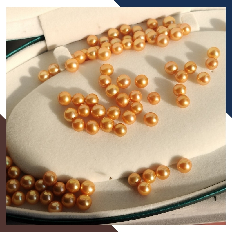 Viên ngọc trai thật màu vàng nuôi nước ngọt tự nhiên 7mm - 8mm tròn xoe, độ bóng 5A không vết sinh trưởng.
