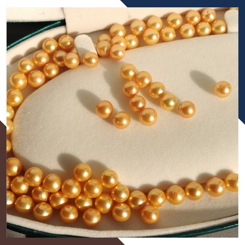 Viên ngọc trai vàng nuôi nước ngọt thật tự nhiên 8mm - 9mm tròn xoe, độ bóng 5A không vết sinh trưởng.