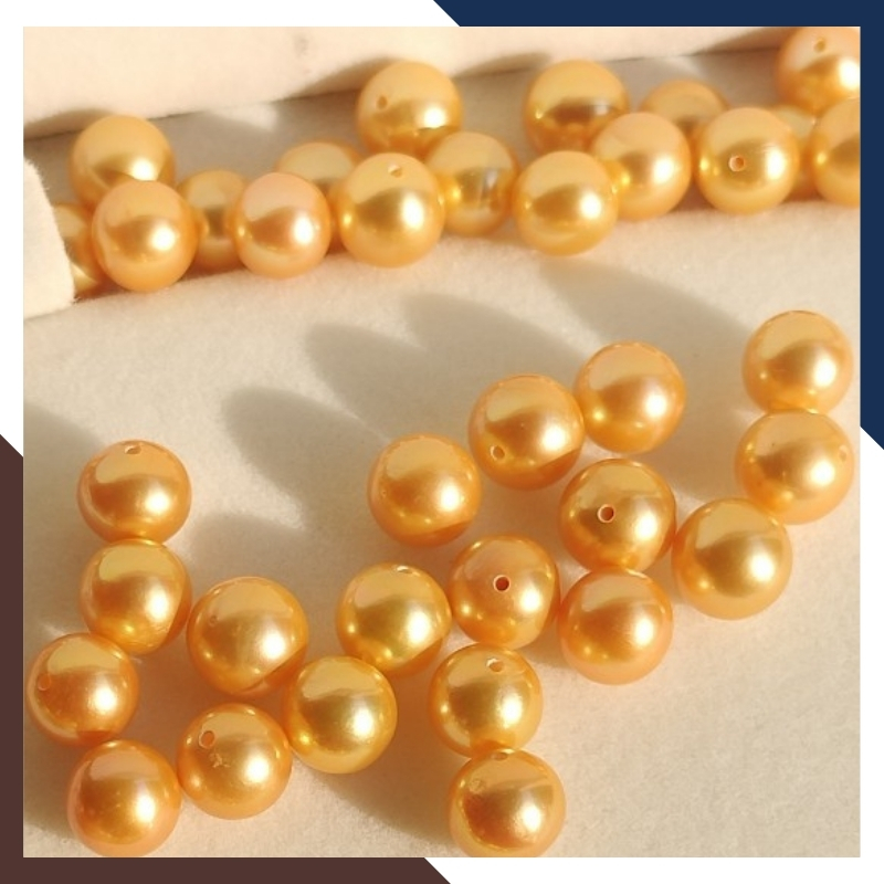 Viên ngọc trai vàng nuôi nước ngọt thật tự nhiên 8mm - 9mm tròn xoe, độ bóng 5A không vết sinh trưởng.