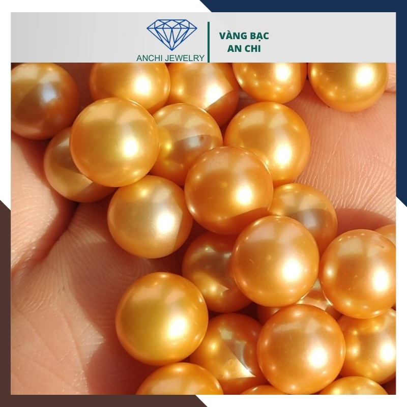 Viên ngọc trai vàng nuôi nước ngọt thật tự nhiên 9.5mm - 10mm tròn xoe, độ bóng 5A không vết sinh trưởng.