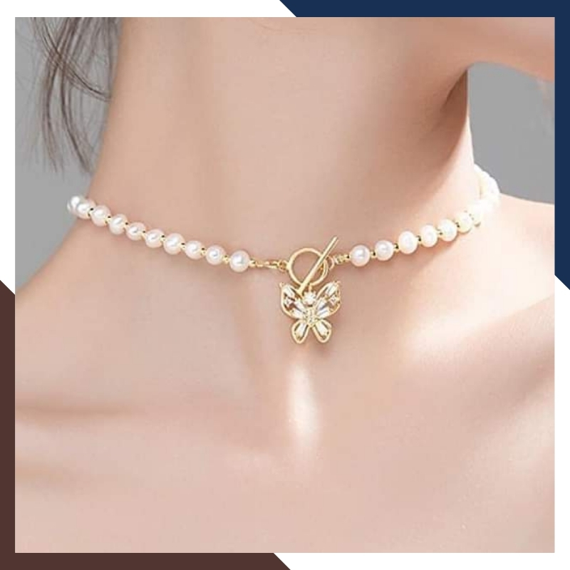 Vòng cổ choker ngọc trai nước ngọt mix khoá bướm bạc mã 78V715K835