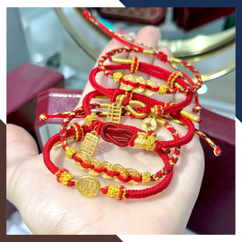 Vòng Charm Vàng 24k 9999 Phối Dây Chỉ Đỏ Nhiều Mẫu Cho Nữ VCHV43