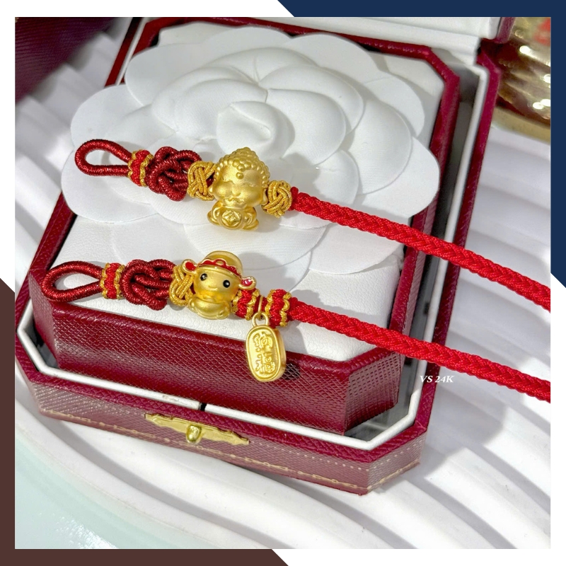 Vòng Charm Vàng 24k 9999 Phối Dây Chỉ Đỏ Nhiều Mẫu Cho Nữ VCHV43