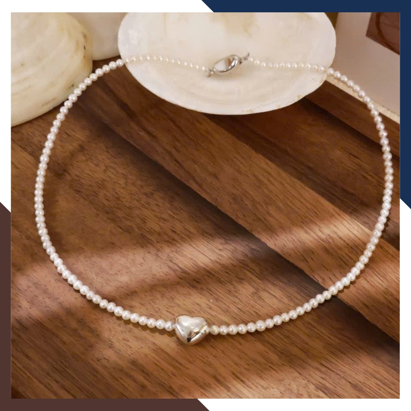 Vòng Cổ Choker Ngọc Trai Nhỏ Mặt Trái Tim Bạc VCNT146