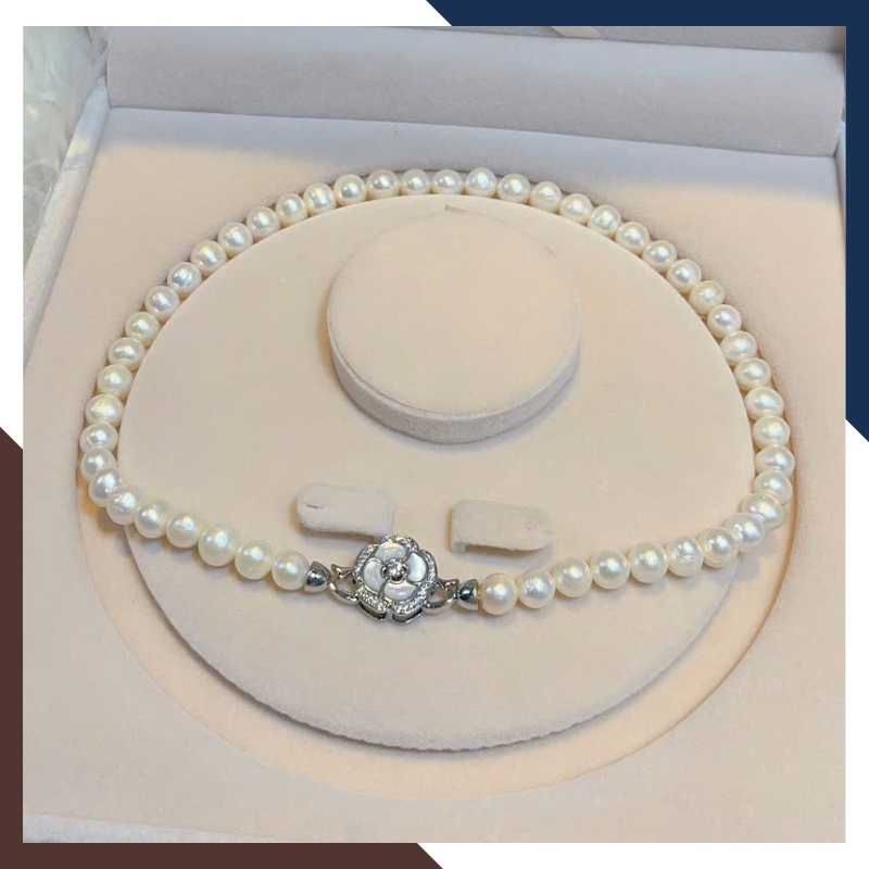 Vòng cổ choker ngọc trai thật 8–9mm khoá hình hoa VCNT178