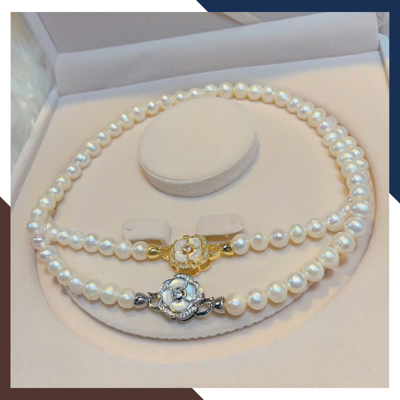 Vòng cổ choker ngọc trai thật 8–9mm khoá hình hoa VCNT178